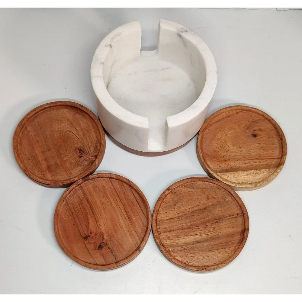 Etched B Monogram Wood Coasters Set with White Heavy Marble Holder Wood Base